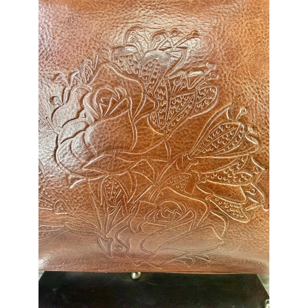 Marino Orlandi Brown Cognac Leather Floral Embossed Tote Bag Italy Shoulder Bag